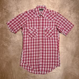 Vintage 80s Holt Western Shirt Red White Checkered Plaid Pearl Snap Short Sleeve